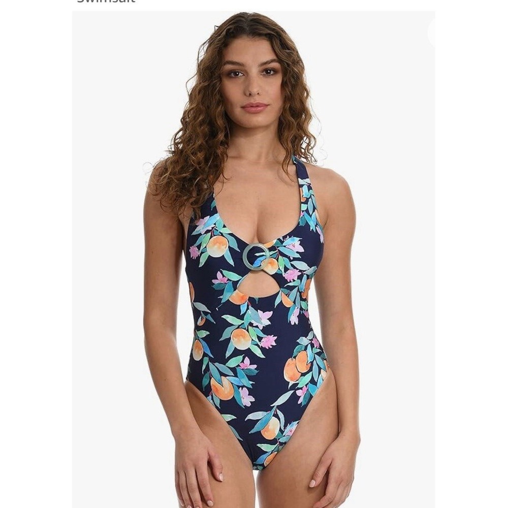 Sunshine 79 Citrus Floral Ring Halter One Piece Swimsuit Navy SN2SD10 Size 6 NEW